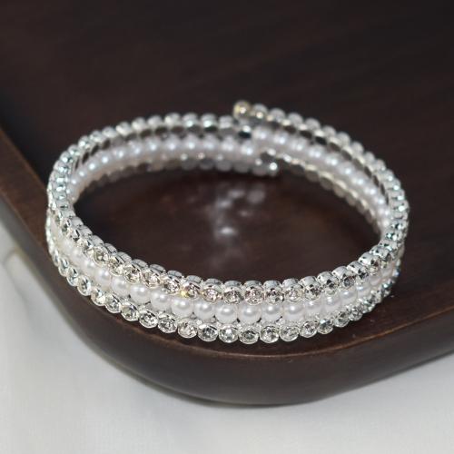 Iron Bracelet, with Plastic Pearl, fashion jewelry & for woman & with rhinestone, silver color, nickel, lead & cadmium free, width 10mm, Inner Diameter:Approx 59mm, Sold By PC