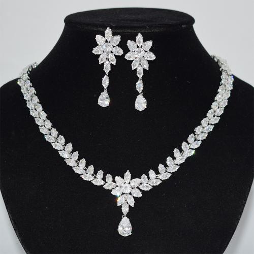Brass Jewelry Set, earring & necklace, 2 pieces & micro pave cubic zirconia & for woman, silver color, nickel, lead & cadmium free, Necklace width 40mm,earring 50*20mm, Length:Approx 15.75 Inch, Sold By Set