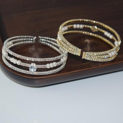 Iron Bracelet, with Plastic Pearl, plated, micro pave cubic zirconia & for woman & with rhinestone, more colors for choice, nickel, lead & cadmium free, width 14mm, Inner Diameter:Approx 55mm, Sold By PC