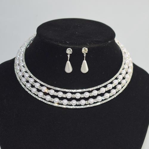 Jewelry Sets collar & earring Iron with Plastic Pearl with 2.76inch extender chain plated 2 pieces & for woman & with rhinestone nickel lead & cadmium free collar diameter 128mm collar width 20mm earring 25mm Sold By Set