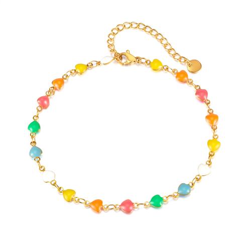 Stainless Steel Anklet, 304 Stainless Steel, with 6cm extender chain, Heart, Vacuum Ion Plating, fashion jewelry & for woman & enamel, multi-colored, Length:22 cm, Sold By PC