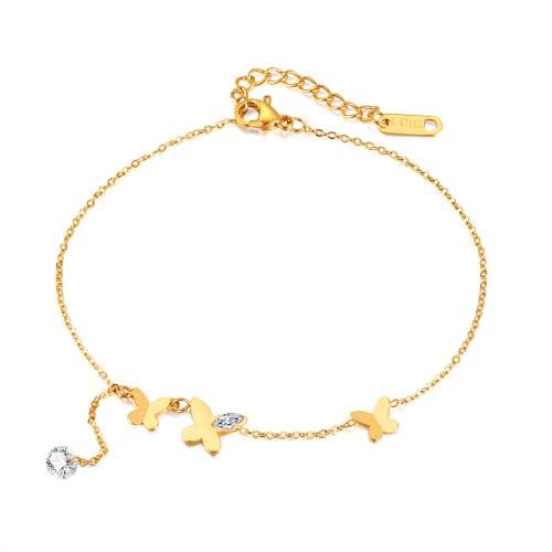 Stainless Steel Anklet, 304 Stainless Steel, with 4.5cm extender chain, Butterfly, Vacuum Ion Plating, fashion jewelry & micro pave cubic zirconia & for woman, golden, butterfly:10mm, Length:21 cm, Sold By PC