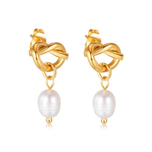 Stainless Steel Drop Earring, 304 Stainless Steel, with Freshwater Pearl, Heart, Vacuum Ion Plating, fashion jewelry & for woman, more colors for choice, 12x25mm, Sold By Pair