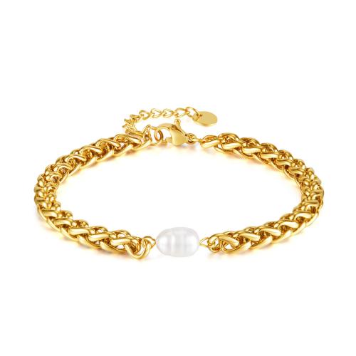 Stainless Steel Jewelry Bracelet 304 Stainless Steel with Freshwater Pearl with 4cm extender chain Vacuum Ion Plating fashion jewelry & for woman mm Length 16.5 cm Sold By PC