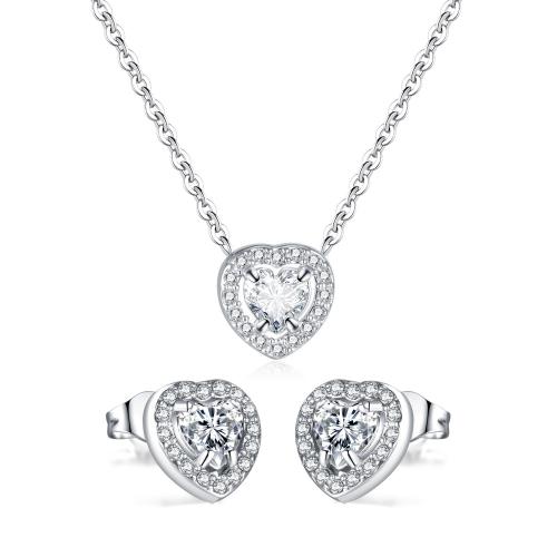 Cubic Zirconia Stainless Steel Jewelry Sets Stud Earring & necklace 304 Stainless Steel Heart fashion jewelry & micro pave cubic zirconia & for woman original color Sold By PC