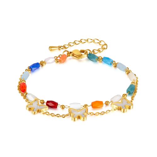 Stainless Steel Jewelry Bracelet, 304 Stainless Steel, with Pearl Oyster & Acrylic, with 4.5cm extender chain, Butterfly, Vacuum Ion Plating, fashion jewelry & for woman, mixed colors, Length:16 cm, Sold By PC