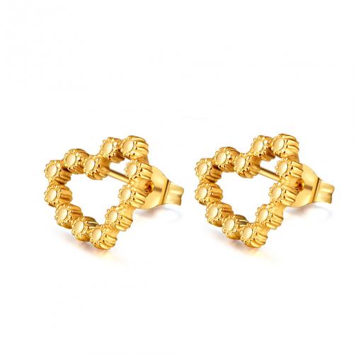 Stainless Steel Stud Earrings 304 Stainless Steel Heart Vacuum Ion Plating fashion jewelry & for woman & hollow golden Sold By Pair