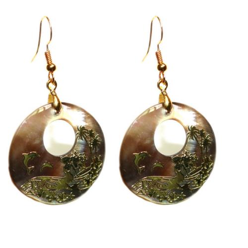 Shell Earrings, Abalone Shell, with Tibetan Style, Round, gold color plated, for woman, yellow, 30x30mm, Sold By Pair