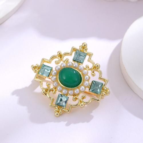Tibetan Style Brooches, with Plastic Pearl, plated, fashion jewelry & with rhinestone, golden, nickel, lead & cadmium free, 38x35mm, Sold By PC