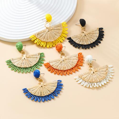 Tibetan Style Stud Earring, with Rafidah Grass & Rattan, Fan, fashion jewelry & for woman, more colors for choice, nickel, lead & cadmium free, 61x68mm, Sold By Pair