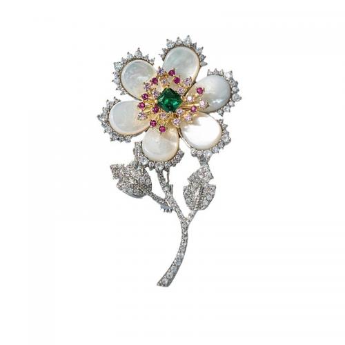 Cubic Zirconia Brooch, Brass, with Natural Seashell, Flower, platinum plated, fashion jewelry & different styles for choice & micro pave cubic zirconia & for woman, more colors for choice, nickel, lead & cadmium free, 58x33mm, Sold By PC