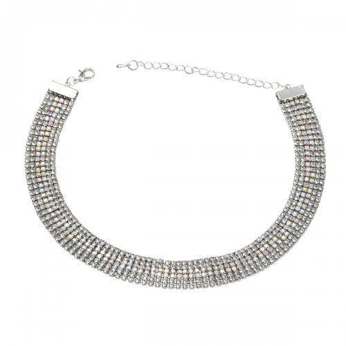 Zinklegierung Schmuck Halskette, mit Verlängerungskettchen von 6.3cm, Modeschmuck & für Frau & mit Strass, Silberfarbe, frei von Nickel, Blei & Kadmium, Länge:ca. 31.6 cm, verkauft von PC