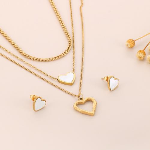 Fashion Stainless Steel Jewelry Sets Stud Earring & necklace 304 Stainless Steel with Shell Heart gold color plated fashion jewelry & for woman nickel lead & cadmium free Sold By Set