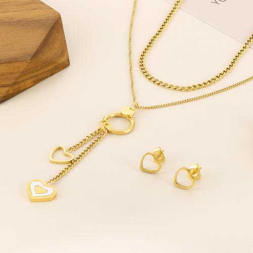 Fashion Stainless Steel Jewelry Sets Stud Earring & necklace 304 Stainless Steel with Shell Heart 18K gold plated fashion jewelry & for woman nickel lead & cadmium free Sold By Set