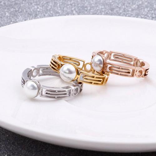 Stainless Steel Finger Ring, 304 Stainless Steel, with Plastic Pearl, plated, fashion jewelry & different size for choice & for woman, more colors for choice, nickel, lead & cadmium free, width:3.8mm, Sold By PC