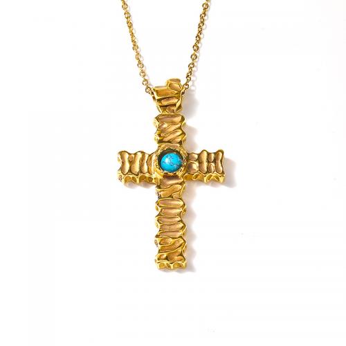 Titanium Steel Necklace with turquoise with 5CM extender chain Cross Vacuum Ion Plating for woman golden Length Approx 45 cm Sold By PC