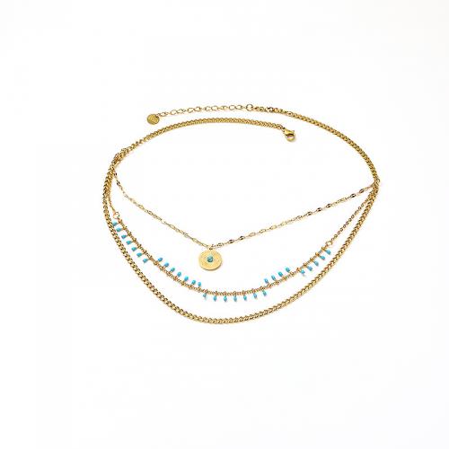 Titanium Steel Necklace, with turquoise, with 5CM extender chain, Vacuum Ion Plating, for woman & enamel, golden, Length:Approx 40 cm, Sold By PC