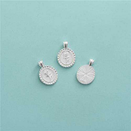 925 Sterling Silver Pendant, Flat Round, DIY & with flower pattern, silver color, 10.80x15.80mm, Hole:Approx 1.8mm, Sold By PC