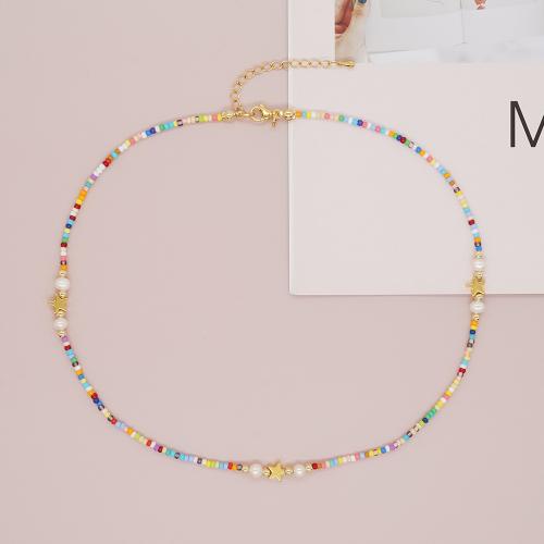 Glas frø perler halskæde, Seedbead, med Hæmatit & Ferskvandsperle & Zinc Alloy, med 5cm extender kæde, Stjerne, guldfarve belagt, mode smykker & for kvinde, blandede farver, Længde Ca. 40 cm, Solgt af PC
