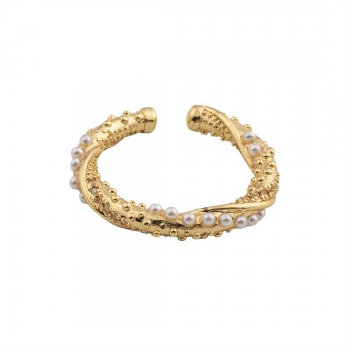 Ring Finger mosiądz, ze Perła plastikowa, 14K złota chromowana, biżuteria moda & dla kobiety, bez zawartości niklu, ołowiu i kadmu, 24x24x3mm, średnica wewnętrzna:około 18mm, sprzedane przez PC