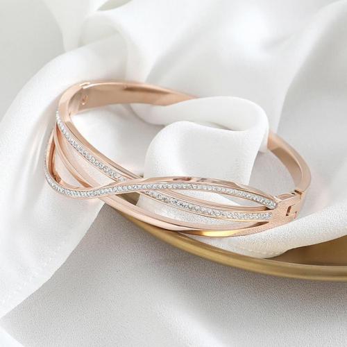 Stainless Steel Bangle, 316L Stainless Steel, rose gold color plated, fashion jewelry & for woman & with rhinestone, nickel, lead & cadmium free, Inner Diameter:Approx 6mm, Sold By PC