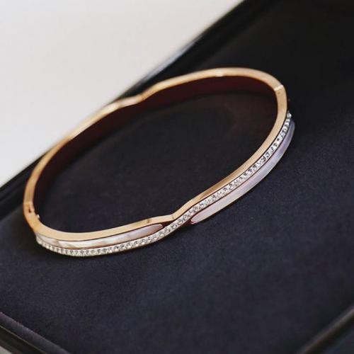 Titanium Steel Bracelet & Bangle with White Shell rose gold color plated fashion jewelry & for woman & with rhinestone nickel lead & cadmium free Inner Approx 5.7mm Sold By PC