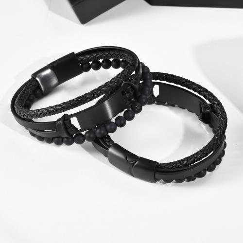 Bracelets cordon PU, Acier inoxydable 304, avec cuir PU & agate noire, poli, trois couches & bijoux de mode & pour homme, plus de couleurs à choisir, 39x12mm, Longueur Environ 8.27 pouce, Vendu par PC