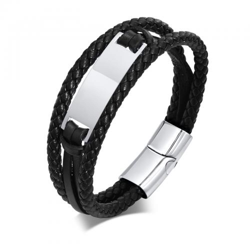 PU Leather Cord Bracelets 304 Stainless Steel with Microfiber PU polished three layers & fashion jewelry & for man Length Approx 8.27 Inch Sold By PC