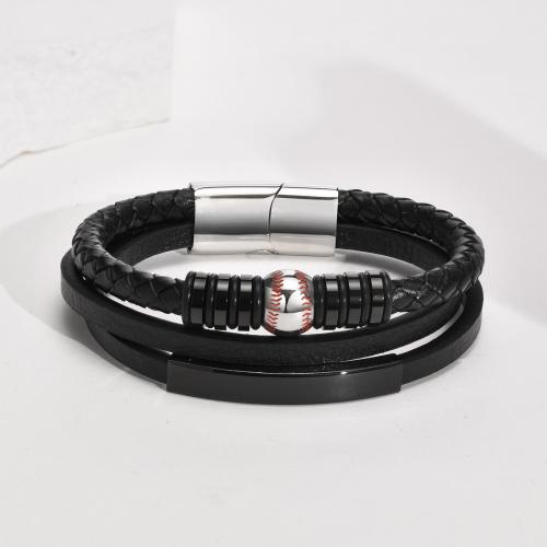 PU Leather Cord Bracelets, 304 Stainless Steel, with Microfiber PU, polished, three layers & different styles for choice & for man, black, Length:Approx 8.27 Inch, Sold By PC