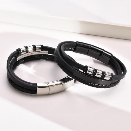 PU Leather Cord Bracelets, 304 Stainless Steel, with PU Leather, polished, three layers & fashion jewelry & for man, more colors for choice, Sold By PC