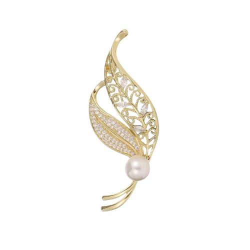 Tibetan Style Brooches, with Plastic Pearl, Leaf, fashion jewelry & for woman & with rhinestone, golden, nickel, lead & cadmium free, 70x25mm, Sold By PC