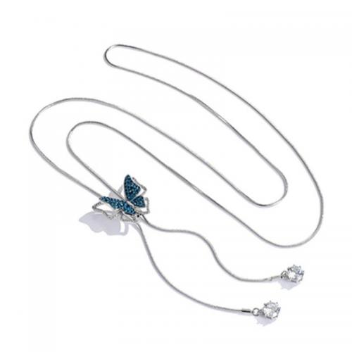 Zinek svetr řetěz náhrdelník, Motýl, Nastavitelný & pro ženy & s drahokamu, stříbro, nikl, olovo a kadmium zdarma, 28mm, Prodáno za Cca 35.43 inch Strand