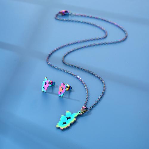 Edelstahl Schmucksets, Stud Ohrring & Halskette, 304 Edelstahl, Schmetterling, poliert, für Frau, farbenfroh, Länge ca. 45 cm, verkauft von setzen