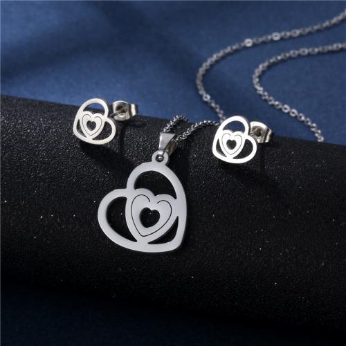 Fashion Stainless Steel Jewelry Sets, Stud Earring & necklace, 304 Stainless Steel, Heart, polished, for woman, Length:Approx 45 cm, Sold By Set