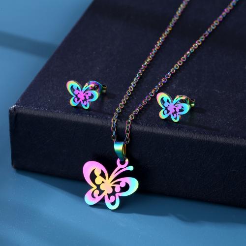 Fashion Stainless Steel Jewelry Sets, Stud Earring & necklace, 304 Stainless Steel, Butterfly, polished, for woman, Length:Approx 45 cm, Sold By Set