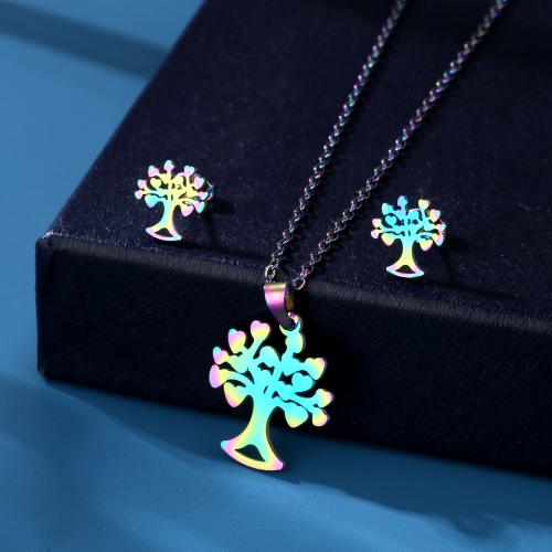 Fashion Stainless Steel Jewelry Sets, Stud Earring & necklace, 304 Stainless Steel, Tree, polished, for woman, multi-colored, Length:Approx 45 cm, Sold By Set