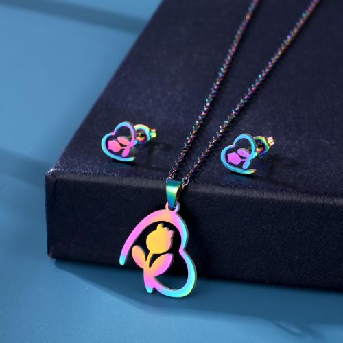 Fashion Stainless Steel Jewelry Sets, Stud Earring & necklace, 304 Stainless Steel, Flower, polished, for woman, multi-colored, Length:Approx 45 cm, Sold By Set