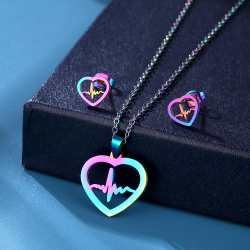 Fashion Stainless Steel Jewelry Sets, Stud Earring & necklace, 304 Stainless Steel, Heart, polished, for woman, multi-colored, Length:Approx 45 cm, Sold By Set