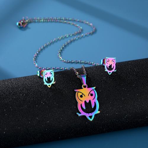 Fashion Stainless Steel Jewelry Sets, Stud Earring & necklace, 304 Stainless Steel, Owl, polished, for woman, multi-colored, Length:Approx 45 cm, Sold By Set