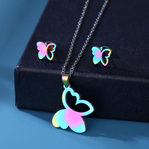 Fashion Stainless Steel Jewelry Sets Stud Earring & necklace 304 Stainless Steel Butterfly polished for woman multi-colored Length Approx 45 cm Sold By Set