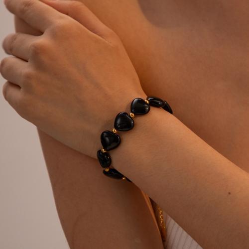 Stainless Steel Jewelry Bracelet, 304 Stainless Steel, with Shell Pearl & Black Agate, with 5.5cm extender chain, Heart, plated, fashion jewelry, black, Length:16 cm, Sold By PC