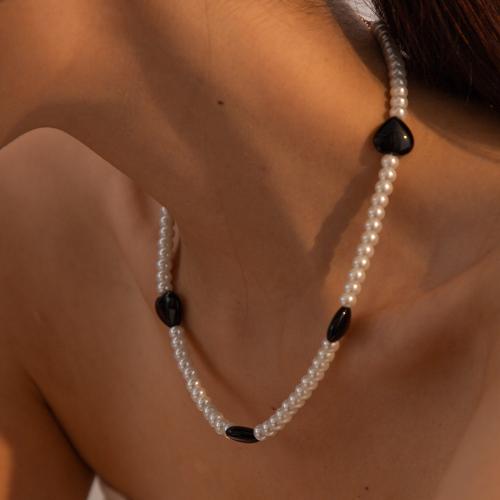 Edelstahl Schmuck Halskette, 304 Edelstahl, mit Schwarzer Achat & Glasperlen, mit Verlängerungskettchen von 5.5cm, Herz, plattiert, Modeschmuck, weiß, Länge 40.5 cm, verkauft von PC