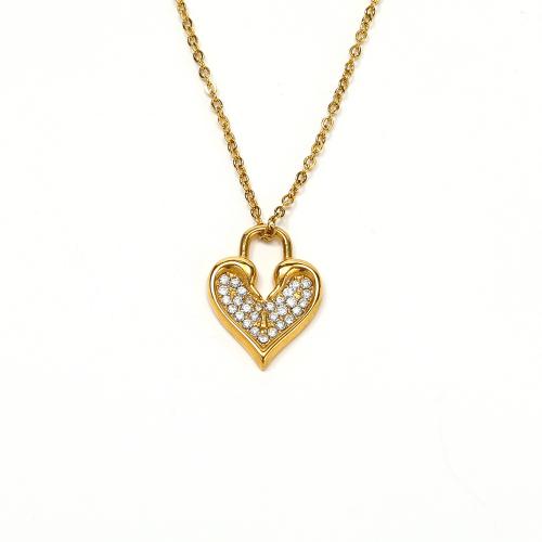Titanium Steel Necklace, with 5CM extender chain, Heart, Vacuum Ion Plating, micro pave cubic zirconia & for woman, golden, Length:Approx 45 cm, Sold By PC