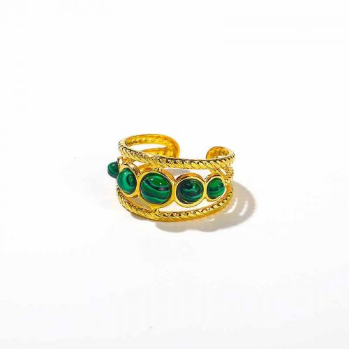 Titanium Steel Finger Ring with Cats Eye & Malachite Vacuum Ion Plating & for woman Sold By PC