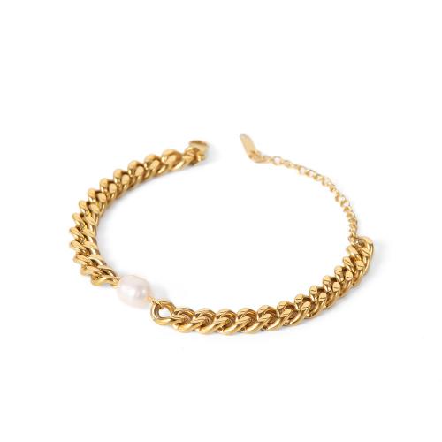 Stainless Steel Jewelry Bracelet 304 Stainless Steel with Plastic Pearl Vacuum Ion Plating fashion jewelry & for woman golden nickel lead & cadmium free Length Approx 23 cm Sold By PC