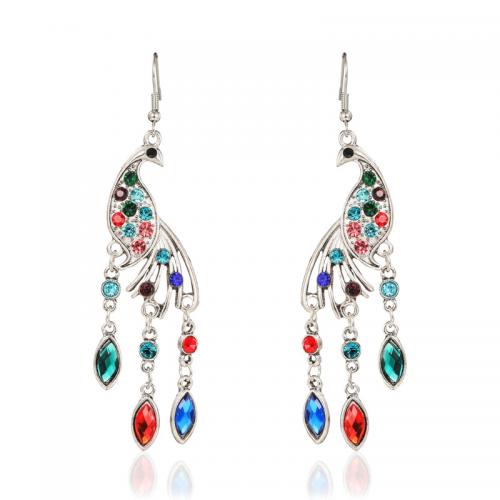 Tibetan Style Drop Earring, Peacock, antique silver color plated, for woman & with rhinestone, more colors for choice, 22x90mm, Sold By Pair