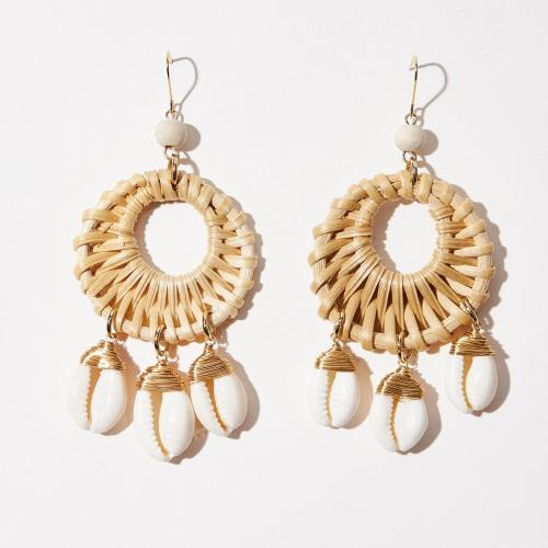 Shell Drop Earring, with Rattan, Geometrical Pattern, handmade, fashion jewelry & for woman & hollow, 50x70mm, Sold By Pair