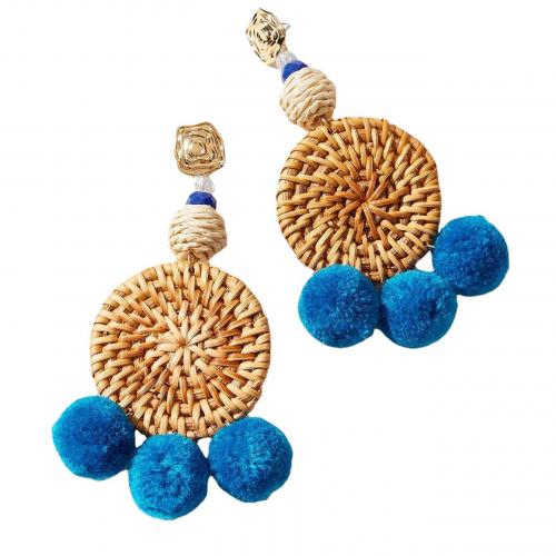 Rattan Drop Earring, with Plush, Geometrical Pattern, handmade, Bohemian style & for woman, 40x80mm, Sold By Pair