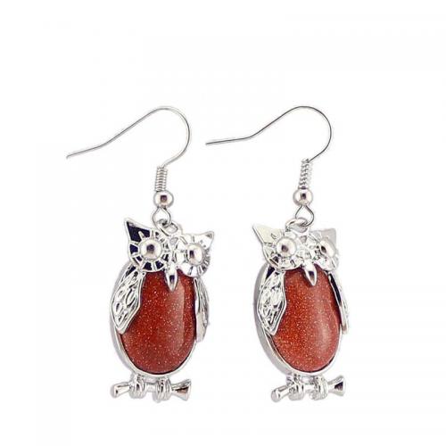 Natural Gemstone Earrings Natural Stone with Iron & Zinc Alloy Owl silver color plated fashion jewelry & for woman Sold By Pair
