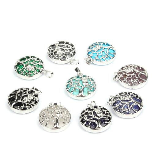 Gemstone Pendants Jewelry Natural Stone with Zinc Alloy Flat Round silver color plated fashion jewelry & DIY Sold By PC